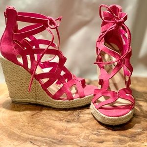 Womens Pink Suede Cage Sandal Platform Wedge Heel